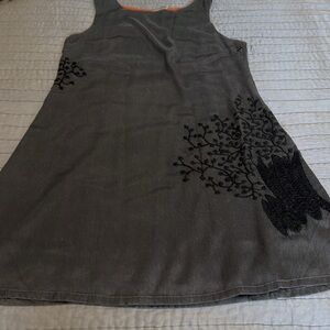 Wash grey silk dress with orange lining and black embroidery on the sides